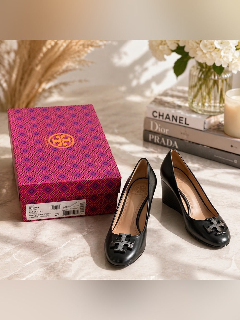Tory Burch Black Leather Wedge Pumps